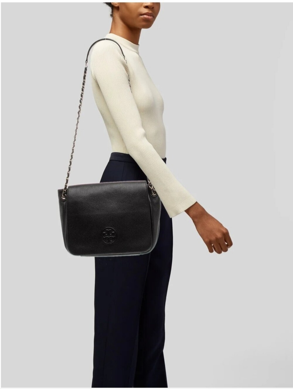 Tory Burch Black Pebble Leather Bombe Flap Shoulder Bag🖤💛 - Picture 3 of 16